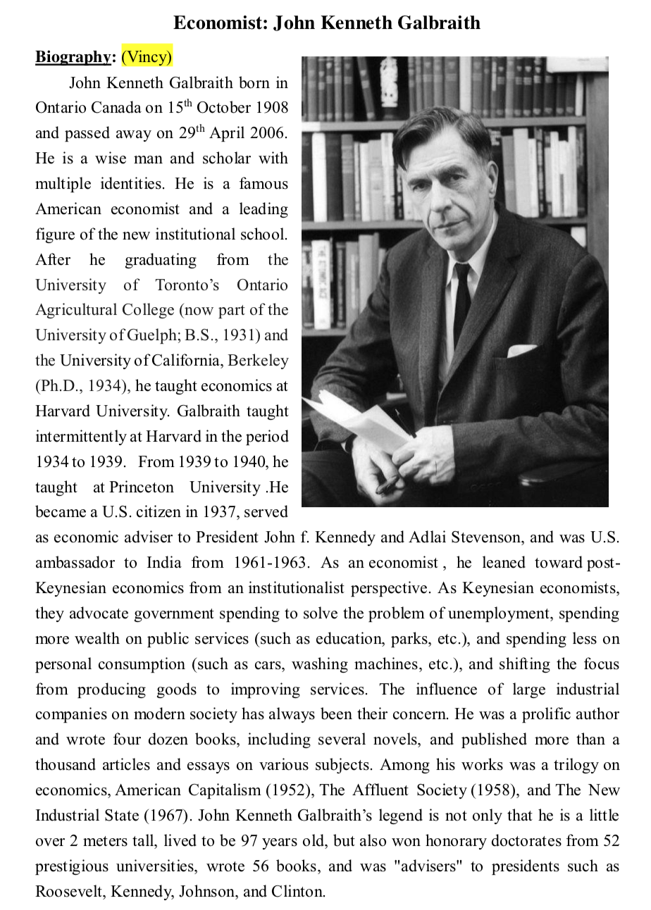 Solved Economist: John Kenneth Galbraith Biography: (Vincy) | Chegg.com