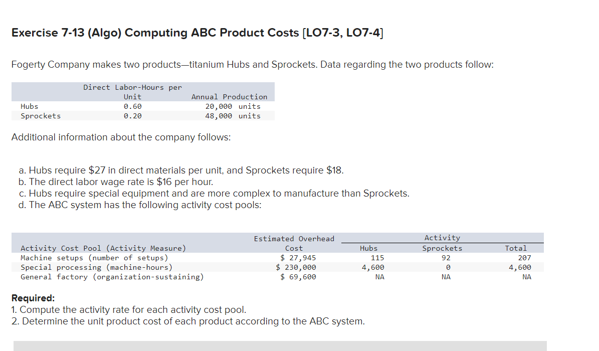 Solved Exercise 7-13 (Algo) Computing ABC Product Costs | Chegg.com