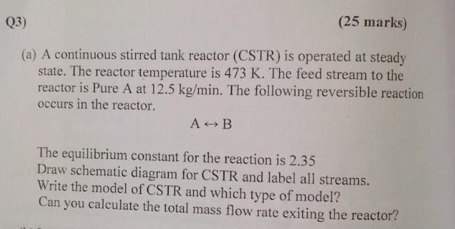 Solved (3) (25 marks) (a) A continuous stirred tank reactor | Chegg.com