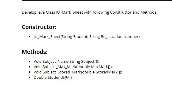 Solved Develop Java Class IU_Mark_Sheet with following | Chegg.com