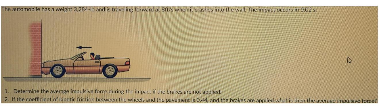 The automobile has a weight 3,284-lb and is traveling forward at 8ft/s when it crashes into the wall. The impact occurs in 0.