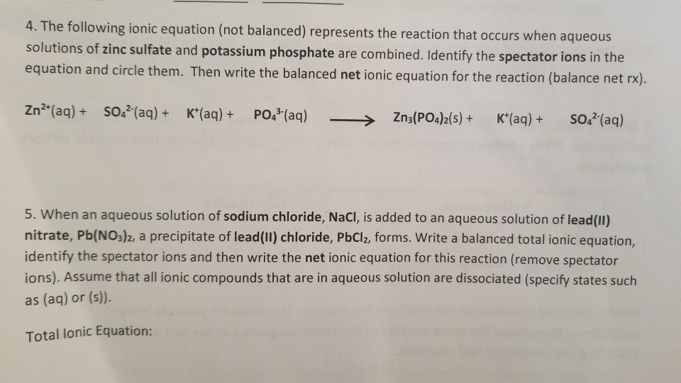 Solved 4. The fo solutions of zinc sulfate and potassium