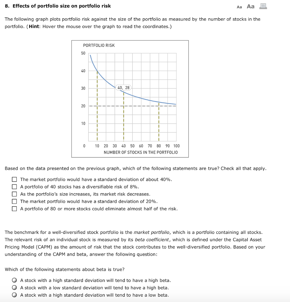 8. Effects of portfolio size on portfolio rislk Aa Aa | Chegg.com