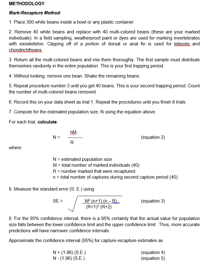 METHODOLOGY Mark-Recapture Method 1. Place 300 white | Chegg.com