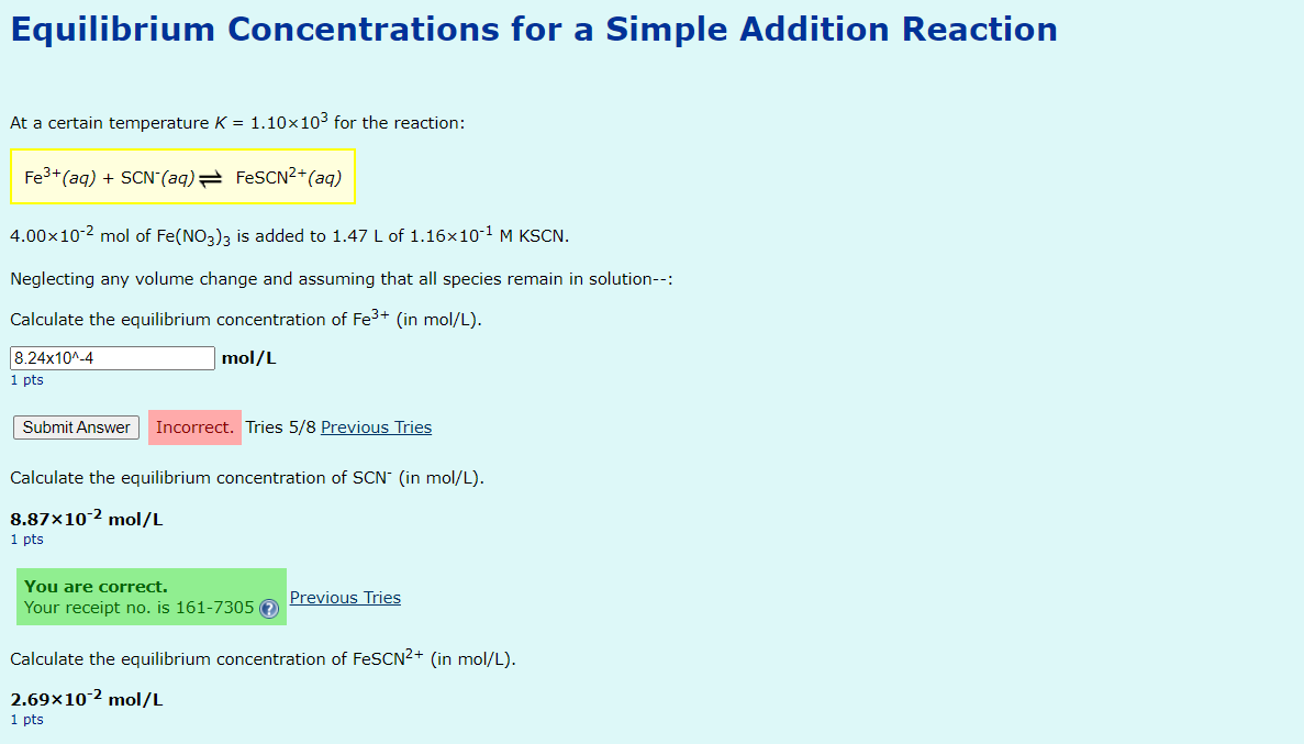 Solved Equilibrium Concentrations for a Simple Addition | Chegg.com