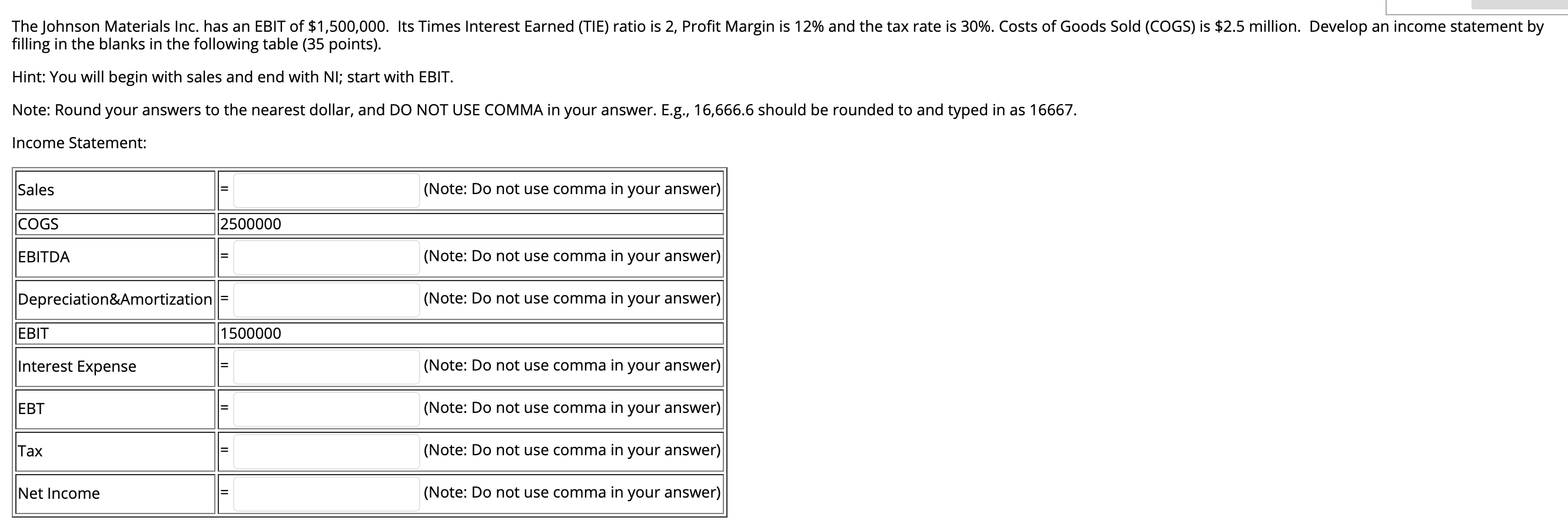 Solved The Johnson Materials Inc. has an EBIT of 1,500,000.