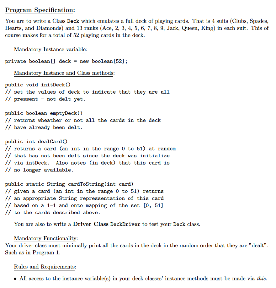 Solved Program Specification: You are to write a Class Deck | Chegg.com