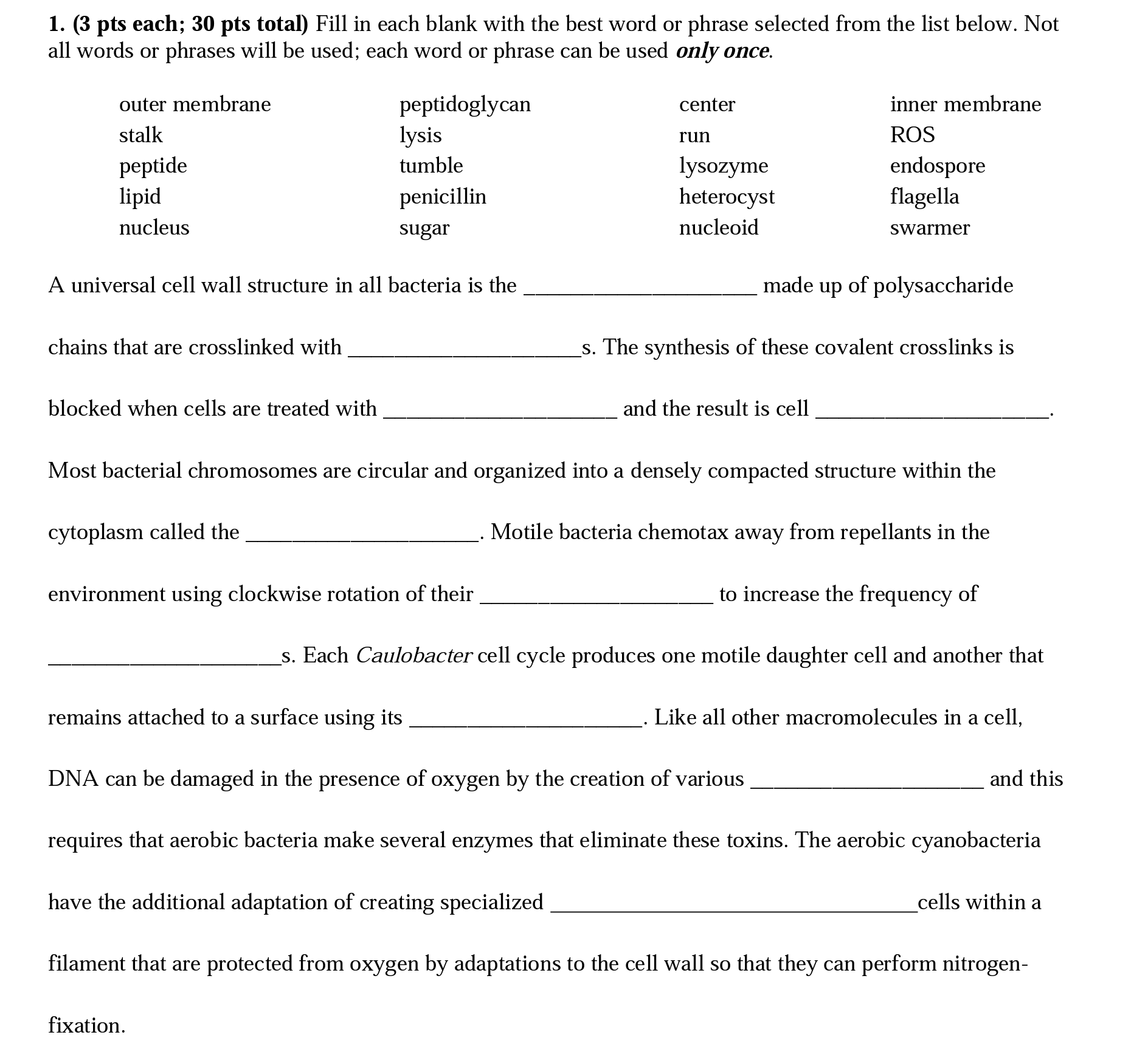 Solved 1. (3 pts each; 30 pts total) Fill in each blank with | Chegg.com