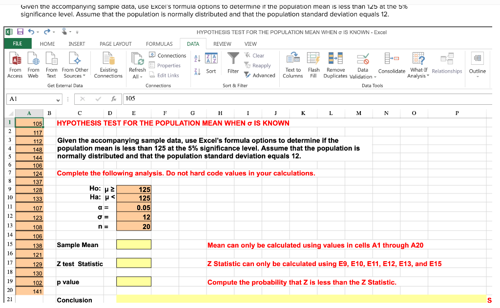 Solved Given the accompanying sample data, use Excel's | Chegg.com