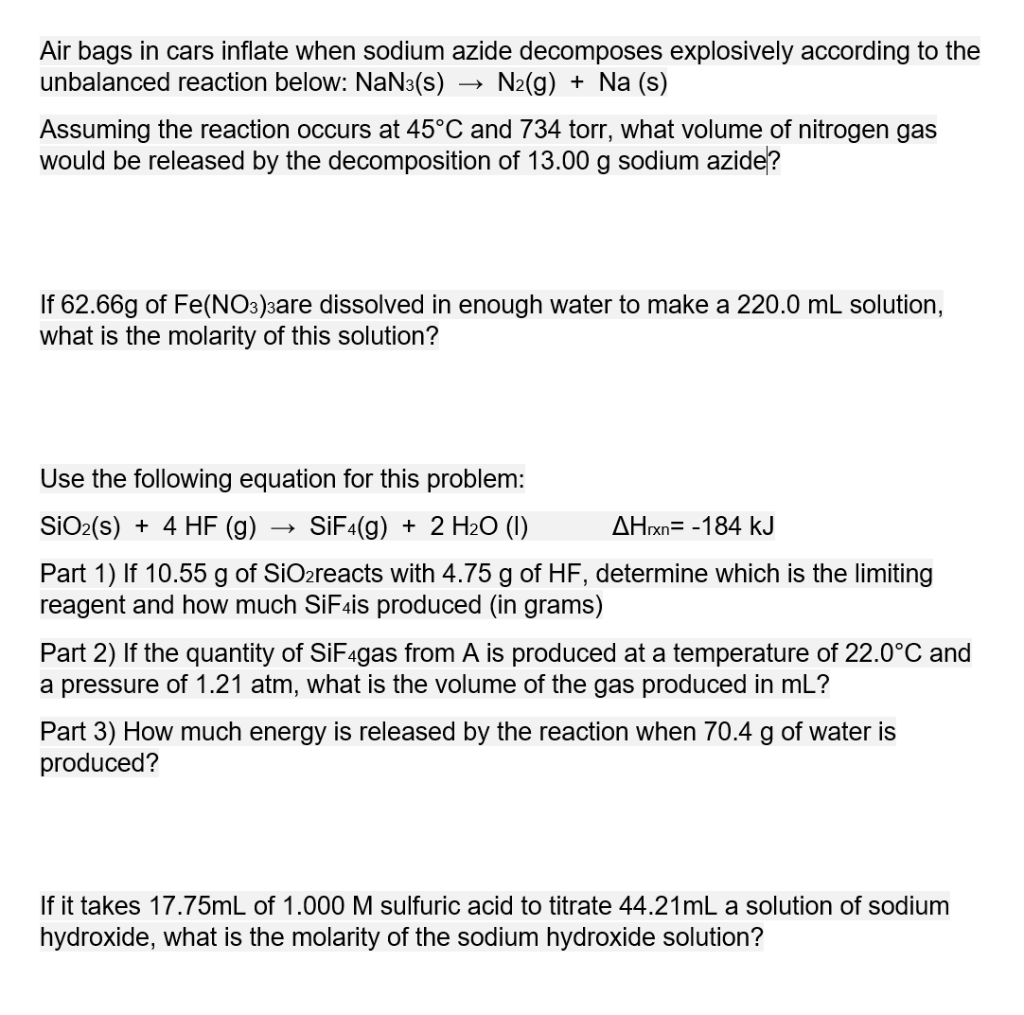 Solved Air bags in cars inflate when sodium azide decomposes | Chegg.com