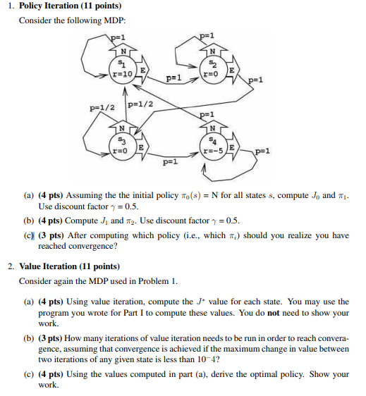 1. Policy Iteration (11 points) Consider the | Chegg.com
