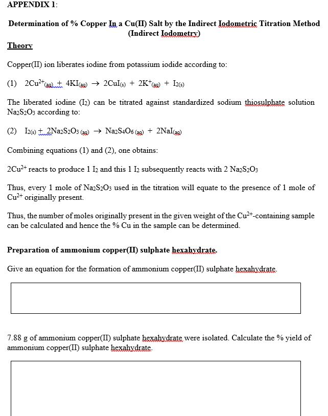 Solved APPENDIX 1: Determination of % Copper In a Cu(II) | Chegg.com