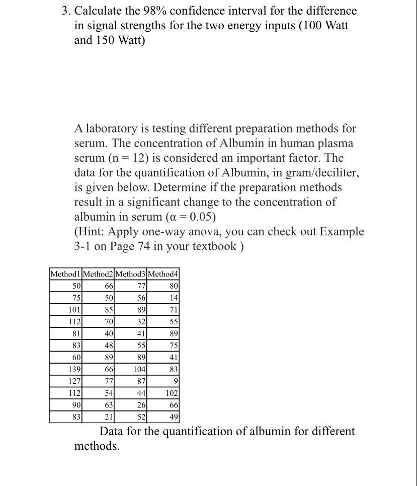 3. Calculate the \( 98 \% \) confidence interval for the difference in signal strengths for the two energy inputs (100 Watt a