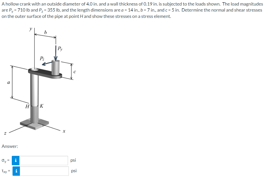 A hollow crank with an outside diameter of \( 4.0 \) in. and a wall thickness of \( 0.19 \) in. is subjected to the loads sho