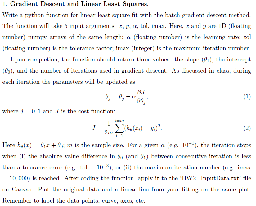 1. Gradient Descent and Linear Least Squares. Write a | Chegg.com
