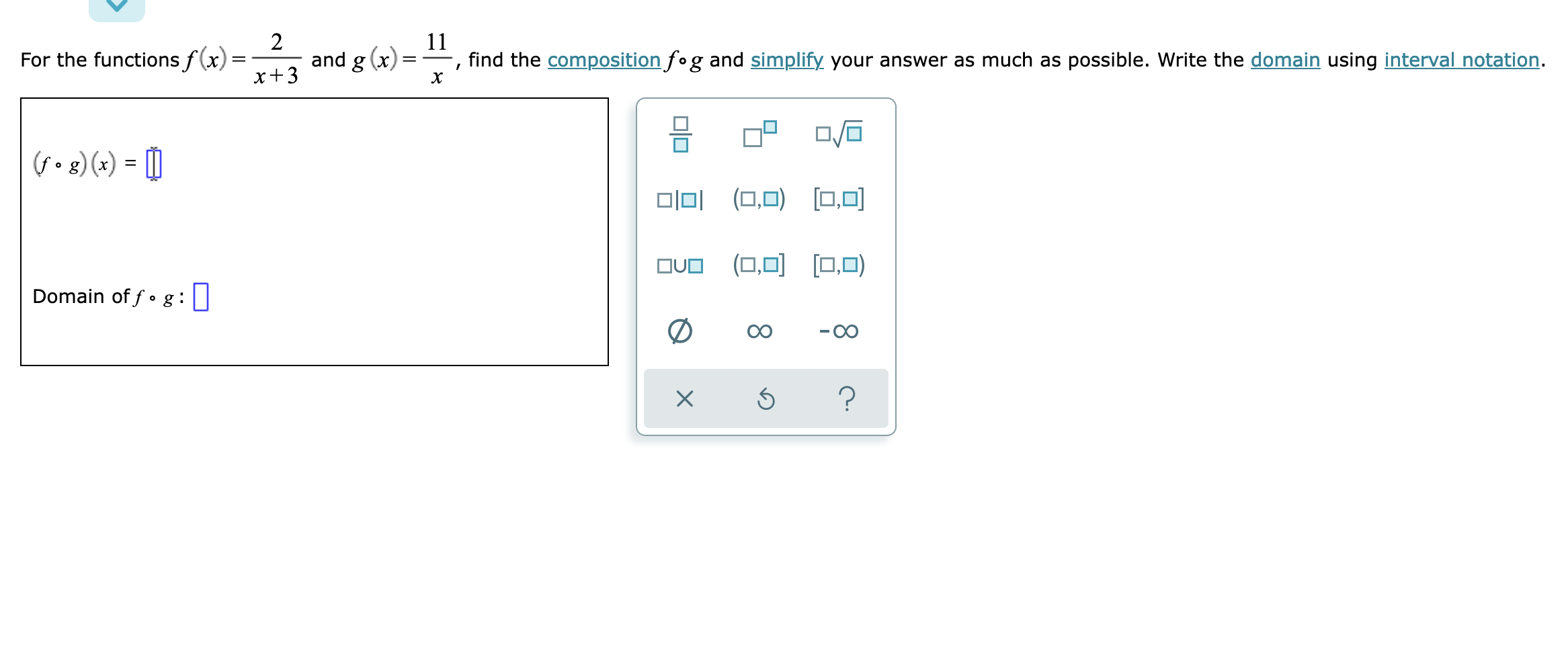Solved For the functions f(x) = (fog)(x) = [] Domain of fog