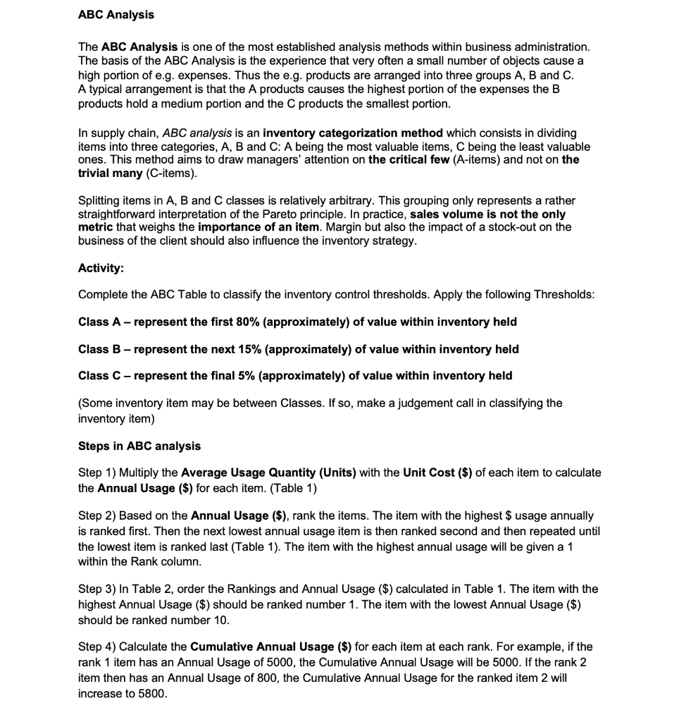 Solved ABC Analysis The ABC Analysis is one of the most | Chegg.com