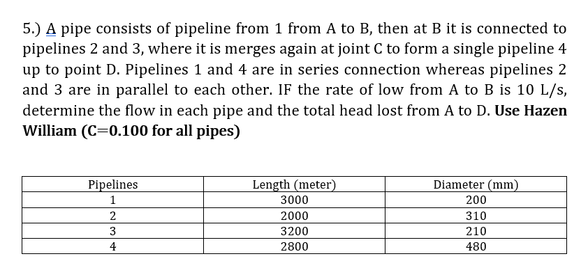 Solved 5.) A Pipe Consists Of Pipeline From 1 From A To B, | Chegg.com