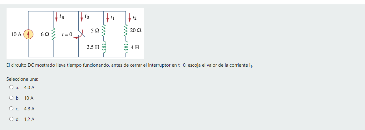 116 Vio i2 592 20 2 10 A 623 t=0 2.5 H 4 H El circuito DC mostrado lleva tiempo funcionando, antes de cerrar el interruptor e