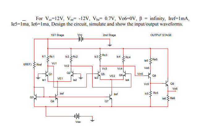 Solved For Vcc=12V, Vee=-12V, Vbe-0.7V, Vo6-0V, β = | Chegg.com