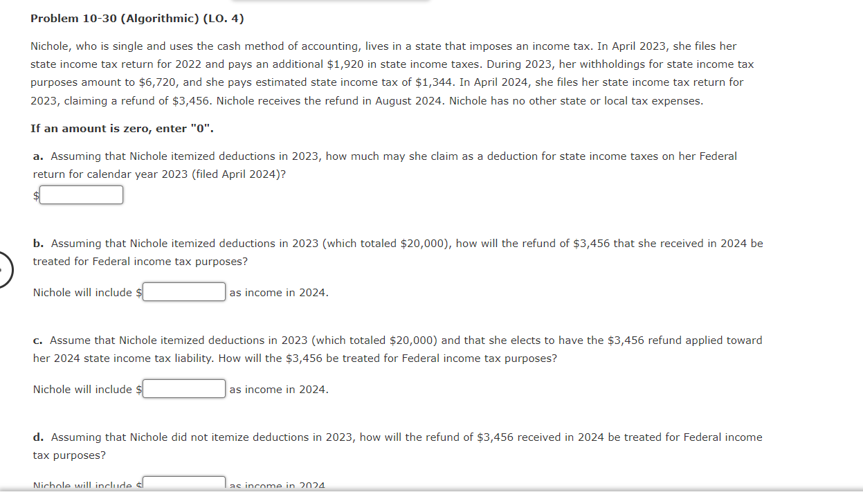 Solved Problem 10-30 (Algorithmic) (LO. 4) Nichole, who is | Chegg.com