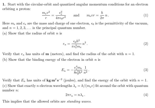 Start with the circular-orbit and quantized angular | Chegg.com