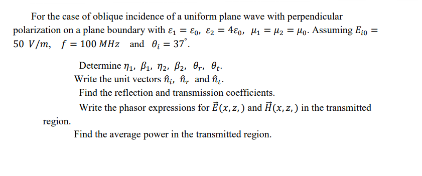 For the case of oblique incidence of a uniform plane | Chegg.com
