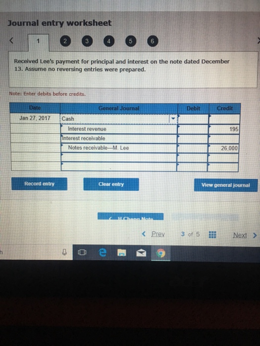 Solved Journal entry worksheet 2 6 Received Lee's payment