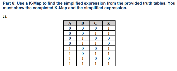 Part 6: Use a K-Map to find the simplified expression from the provided truth tables. You must show the completed K-Map and t