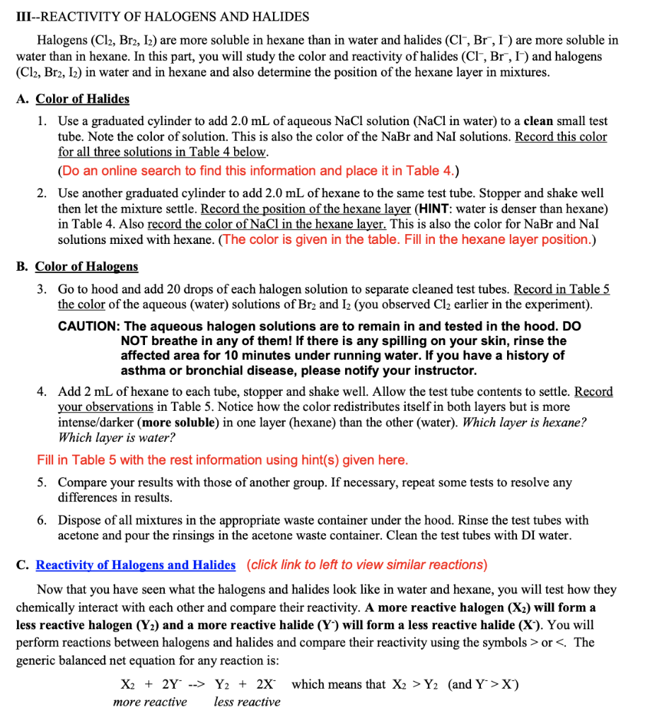 Part Iii Reactivity Of Halogens And Halides Iii A Chegg 