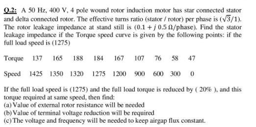 Solved Q.2: A 50 Hz, 400 V, 4 pole wound rotor induction | Chegg.com