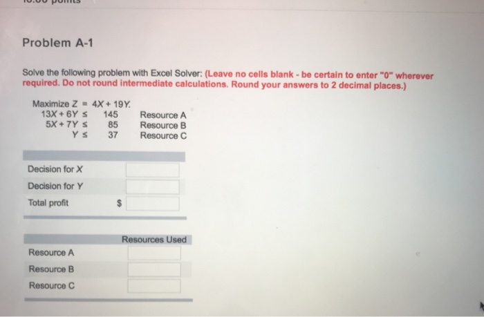 Solved Problem A-1 Solve the following problem with Excel | Chegg.com