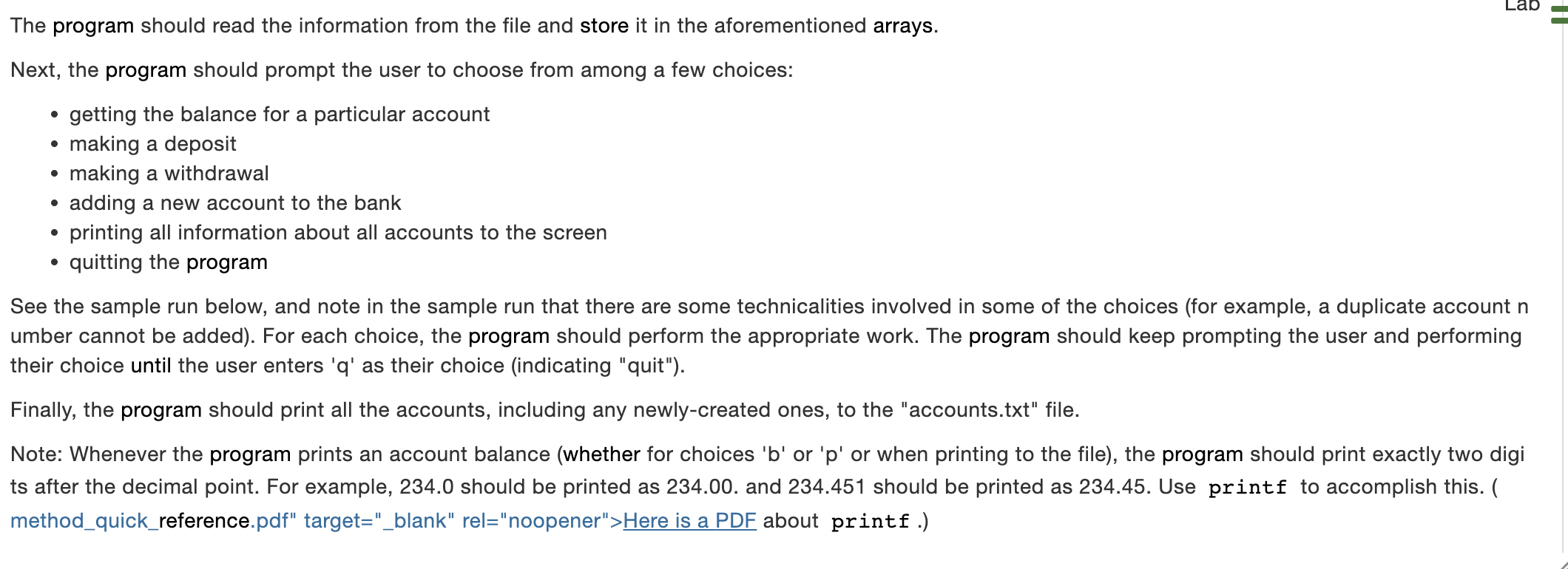 Solved Lab A Simple Bank Program Write A Bank Program. The | Chegg.com