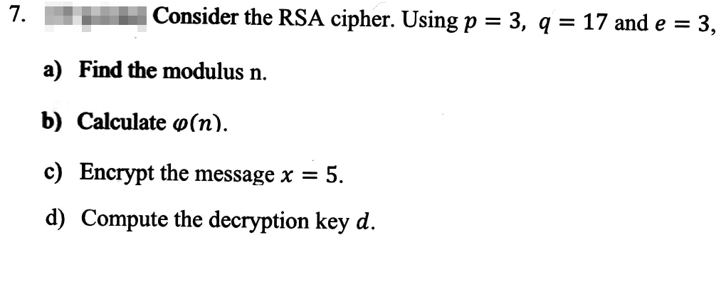 Solved Consider The Rsa Cipher Using P 3 Q 17 And E Chegg Com