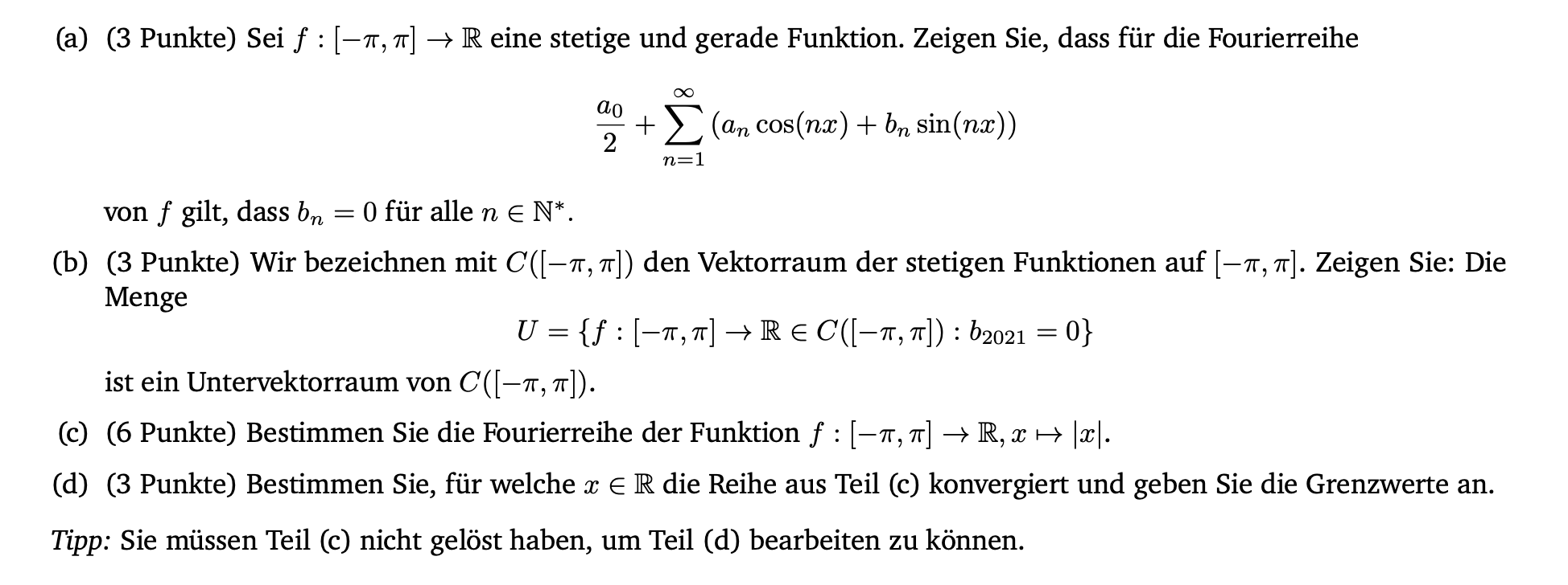 Solved (a) (3 points) Let f : [−π, π] → R be a continuous | Chegg.com