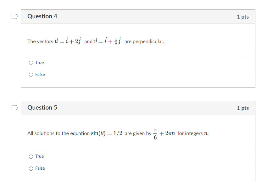 Solved Question 4 1 pts The vectors ū=1+27 and ū=i+] are | Chegg.com