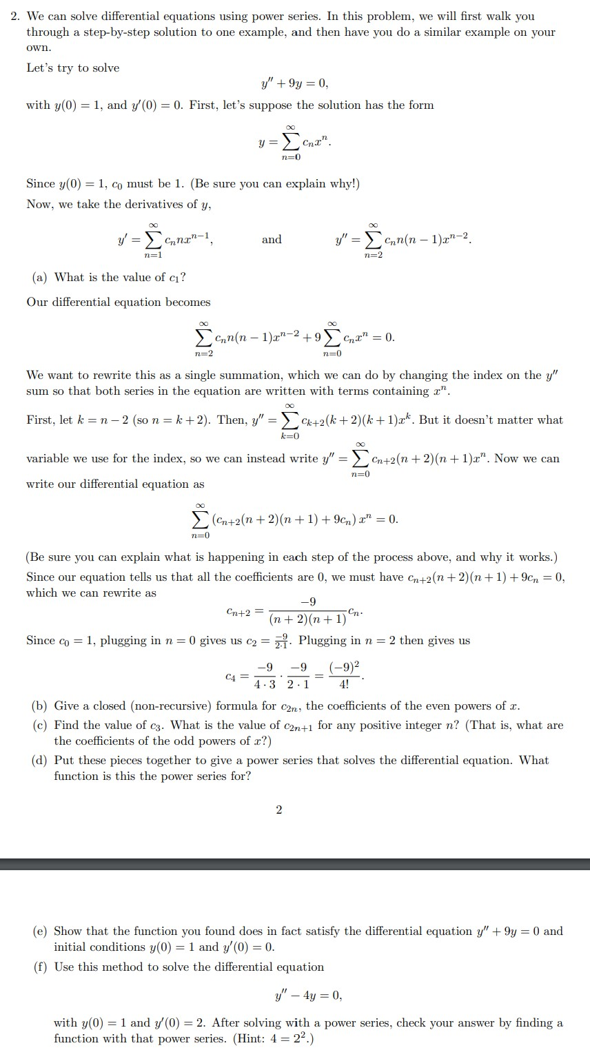 Solved 2 We Can Solve Differential Equations Using Power Chegg Com