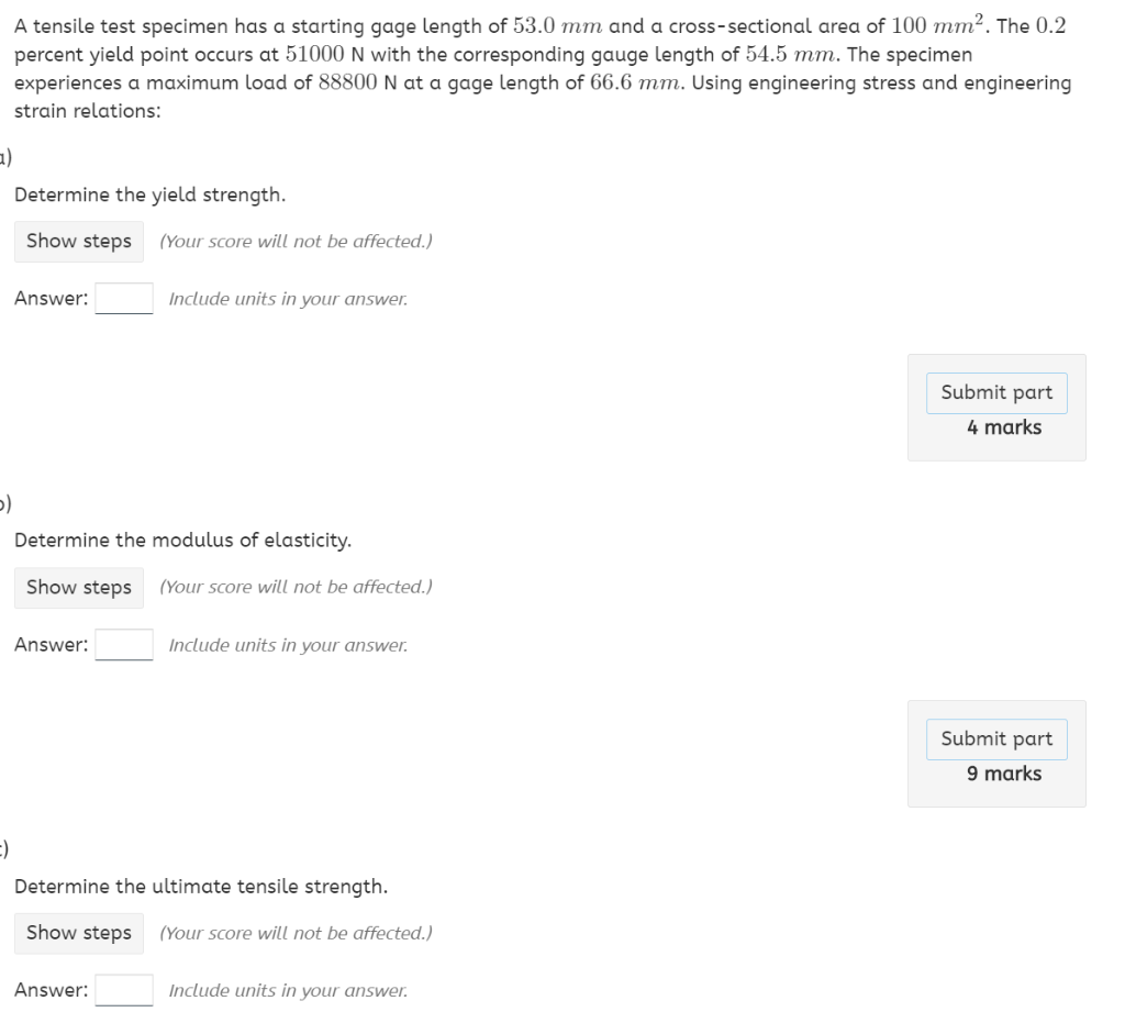 Solved A tensile test specimen has a starting gage length of | Chegg.com