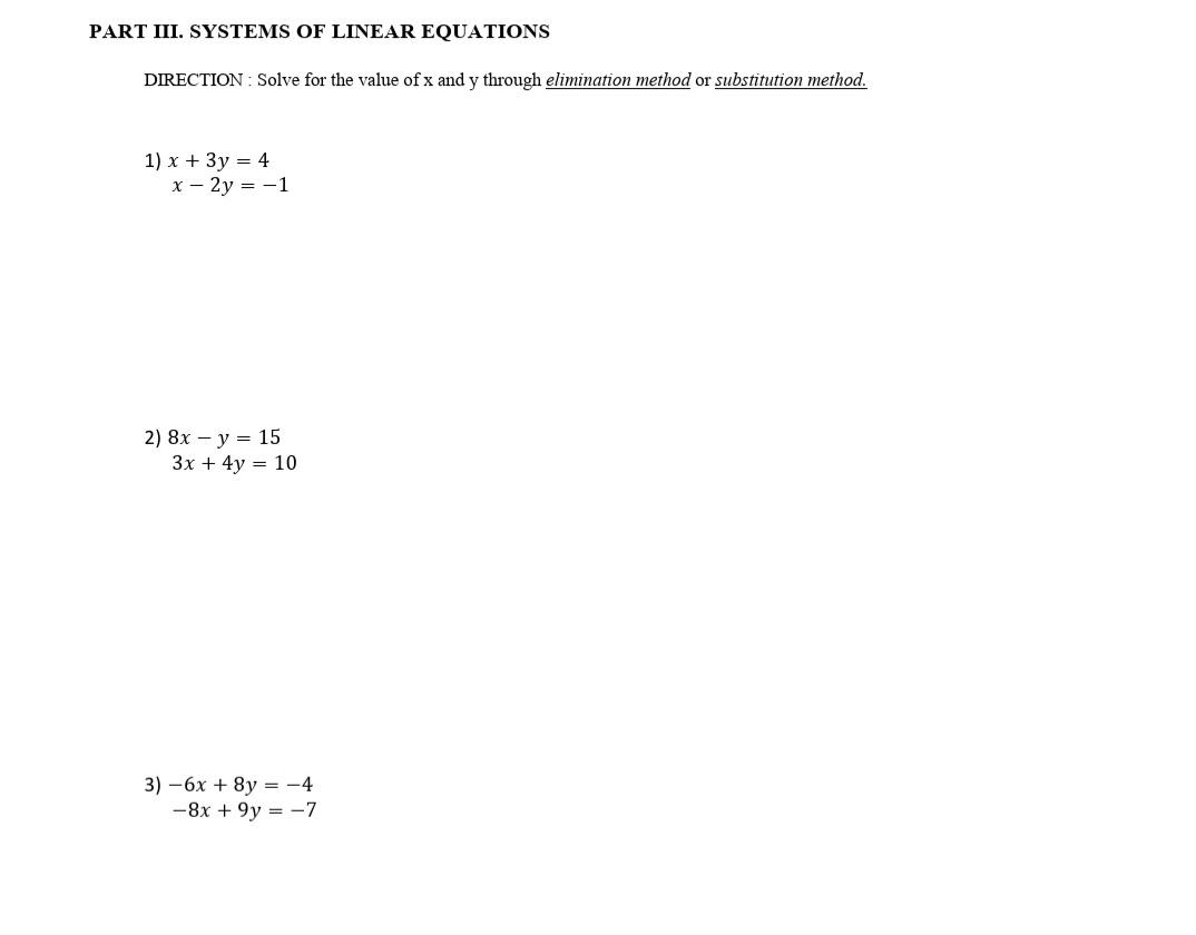 Solved PART III. SYSTEMS OF LINEAR EQUATIONS DIRECTION : | Chegg.com