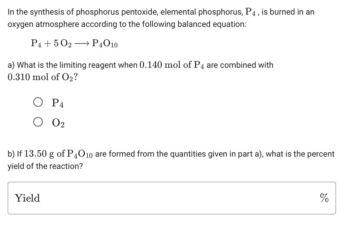 Solved In the synthesis of phosphorus pentoxide, elemental | Chegg.com
