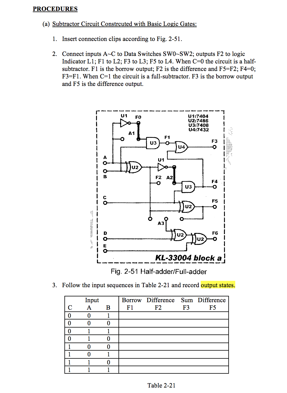 Solved PROCEDURES (a) Subtractor Circuit Constrcuted with | Chegg.com