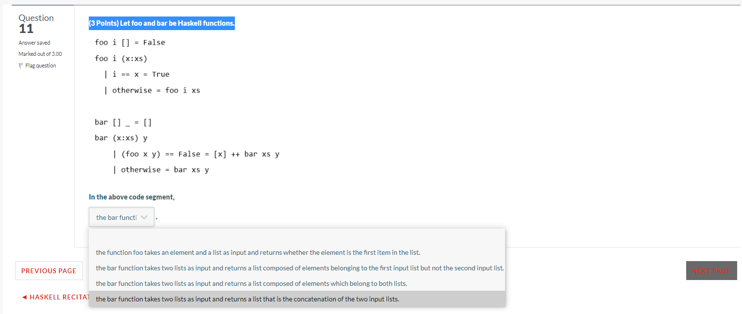 Solved Question 11 (3 Points) Let foo and bar be Haskell | Chegg.com