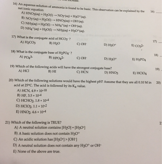 Solved n nncrease 16) An aqueous solution of ammonia is | Chegg.com