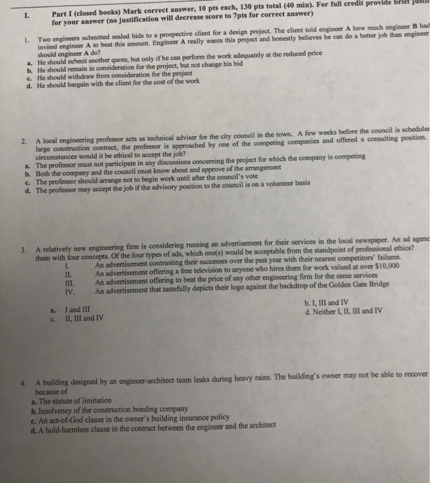 Solved I. Part I closed books Mark correct answer 10 pts