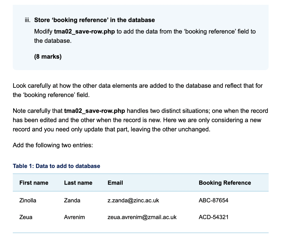 Solved iii. Store 'booking reference' in the database Modify | Chegg.com