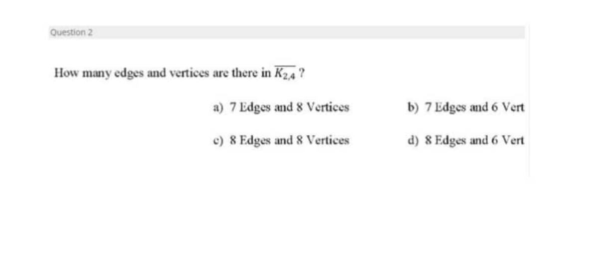 Solved How many edges and vertices are there in K2,4 ? a) 7 | Chegg.com