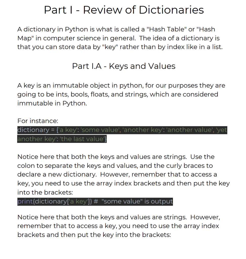 Solved Part 1 - Review of A dictionary in | Chegg.com