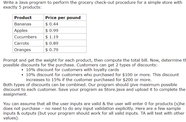 Solved Write a Java program to perform the grocery check-out | Chegg.com