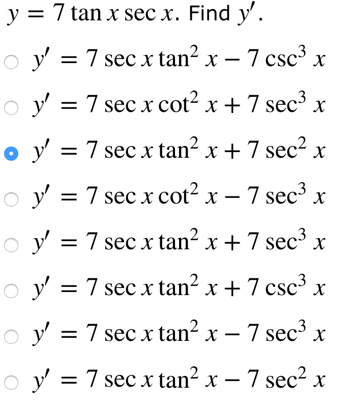 differentiate y 7 − sec x tan x