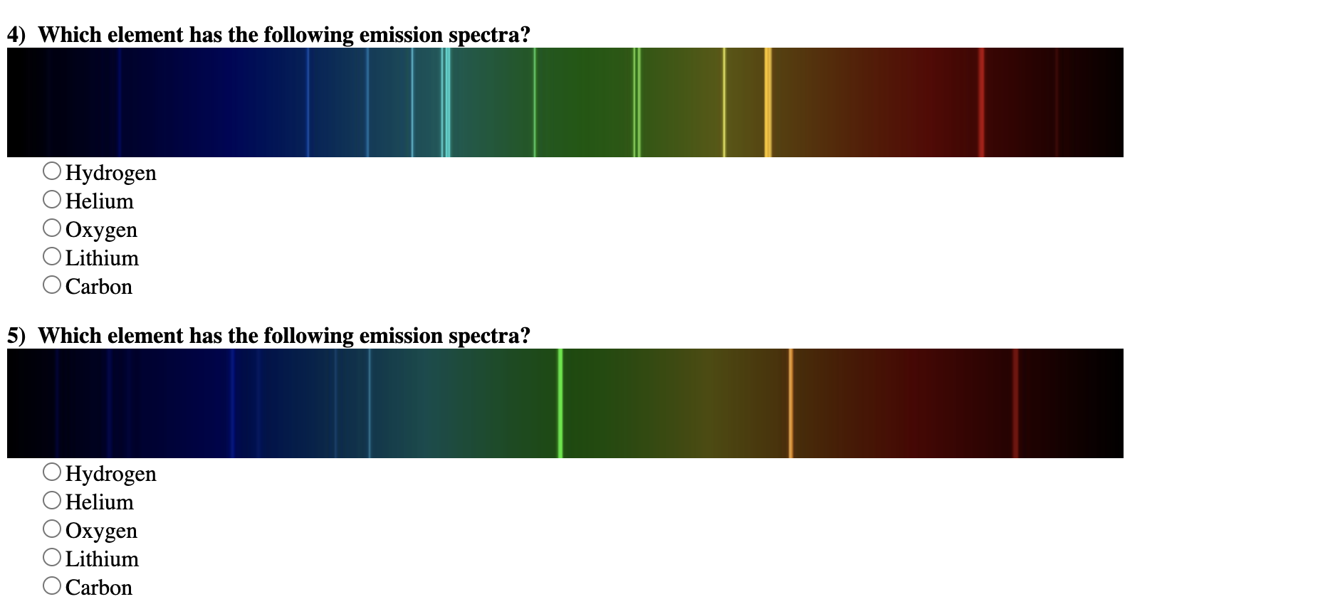 Solved 4) Which element has the following emission spectra? | Chegg.com